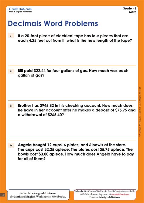 adding subtracting multiplying and dividing decimals word problems worksheet